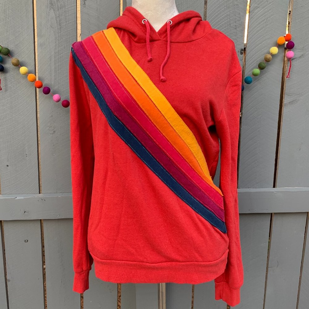 Aviator Nation Rainbow 5-Stripe Pullover Hoodie Sweatshirt Red M